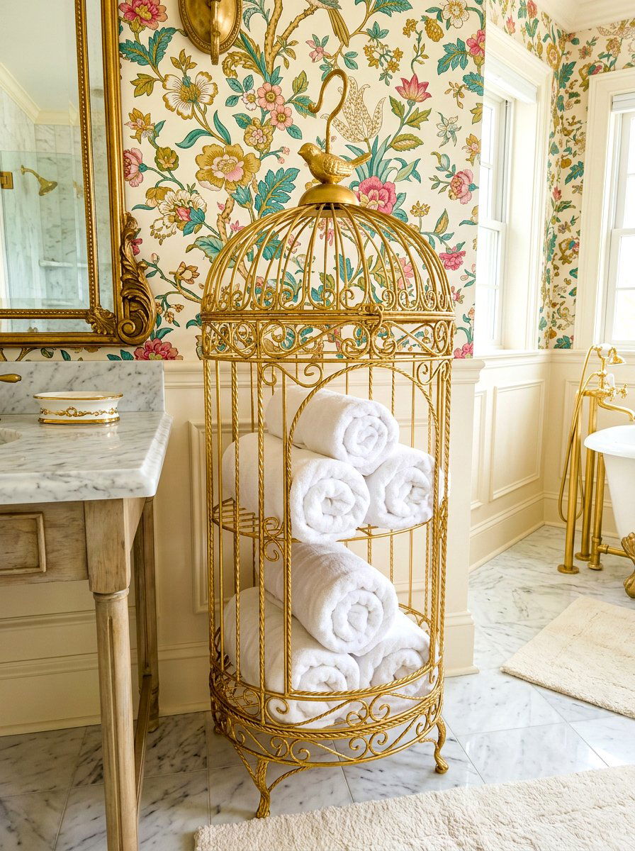 Gilded birdcage bathroom towel rack - 30 coquette bathroom ideas