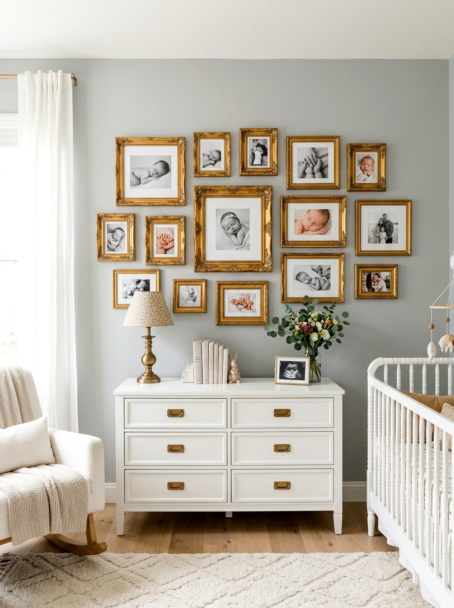 Gilded frame nursery gallery wall - 30 romantic baby room ideas
