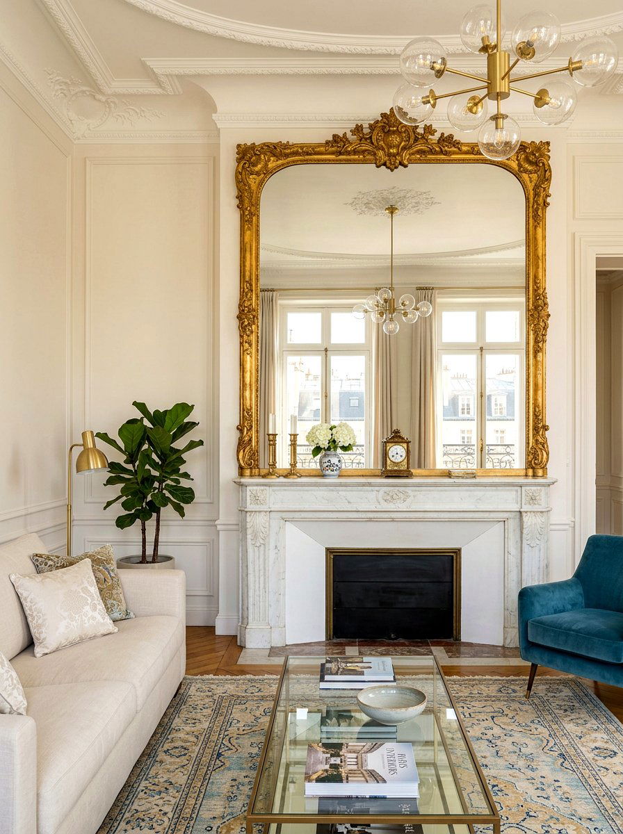 Gilded gold ornate mirror - 30 Parisian living room ideas