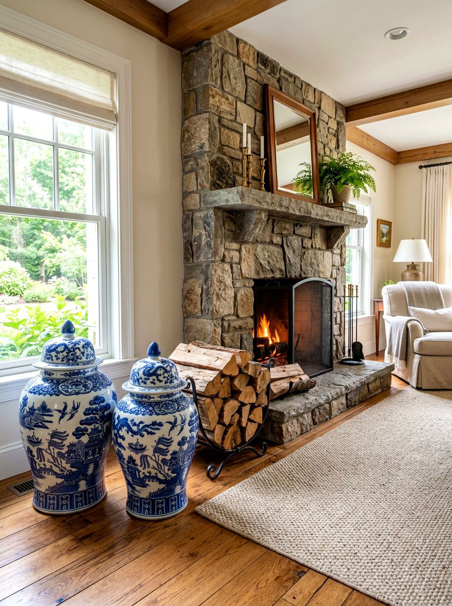 Ginger jar fireplace hearth - 30 blue and white ginger jar decor ideas