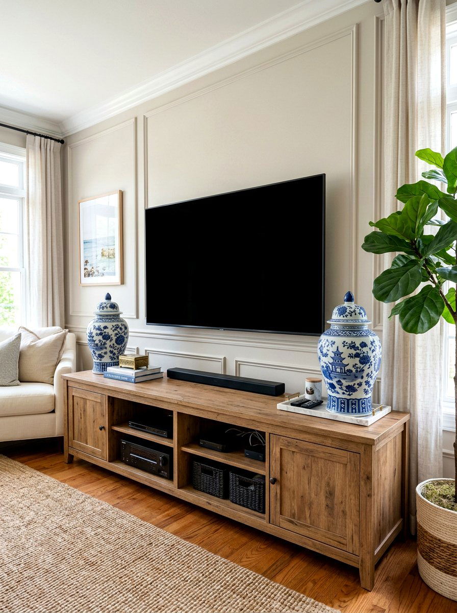 Ginger jar media console - 30 blue and white ginger jar decor ideas
