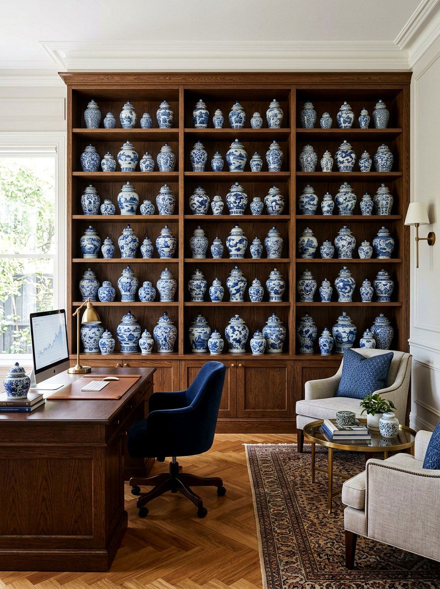 Ginger jar office shelf - 30 chinoiserie office ideas