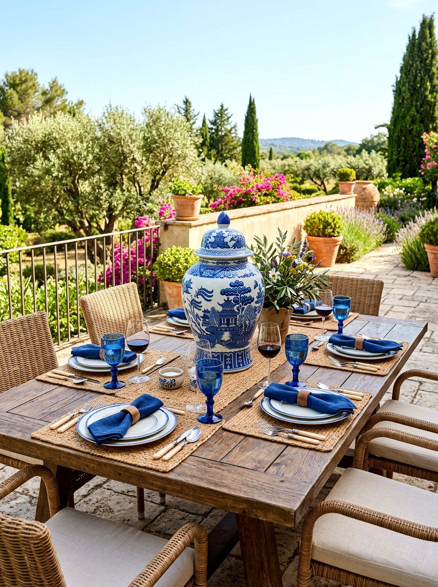 Ginger jar terrace dining table - 30 blue and white ginger jar decor ideas