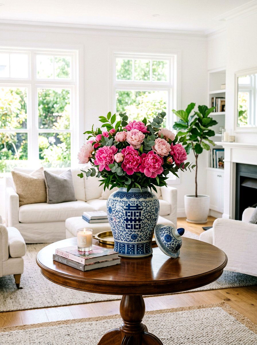 Ginger jar with fresh flowers - 30 ginger jar living room ideas