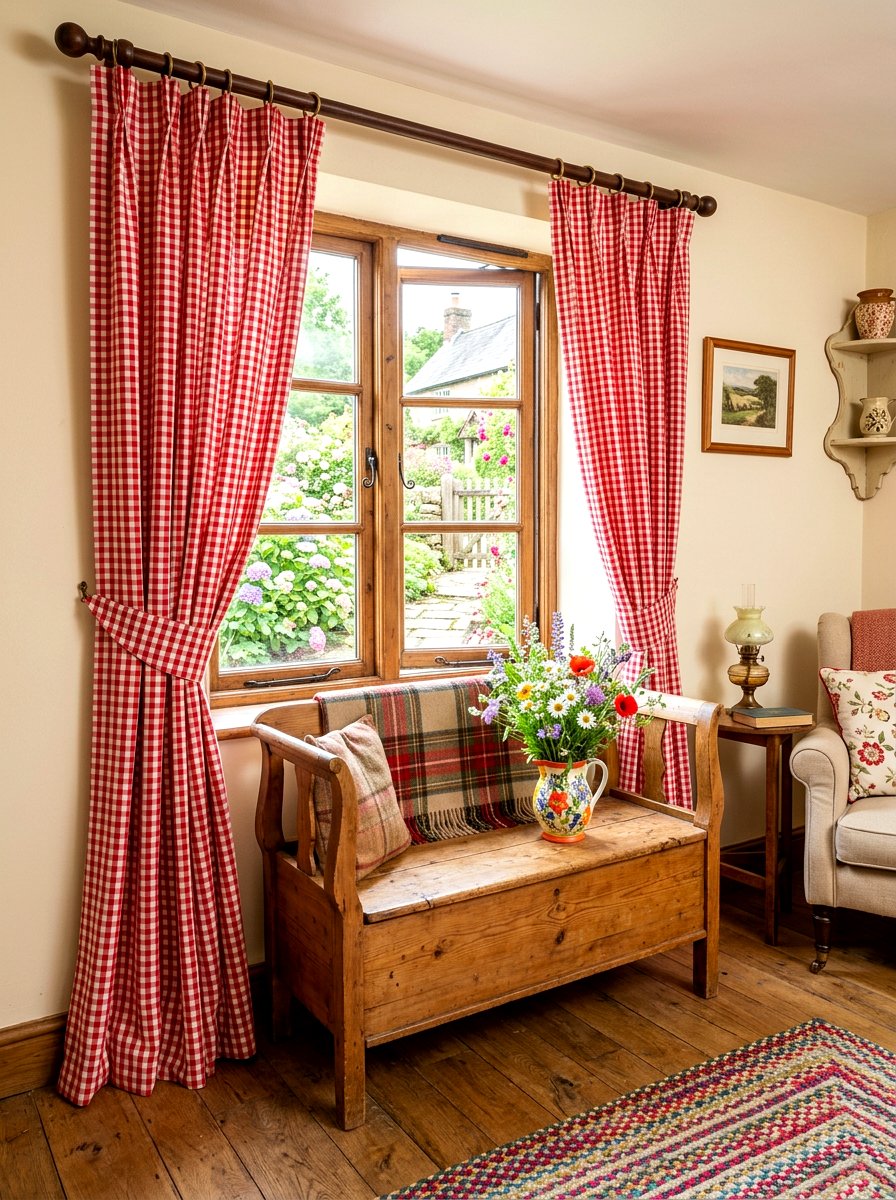 Gingham Check Curtains - 30 English country living room ideas