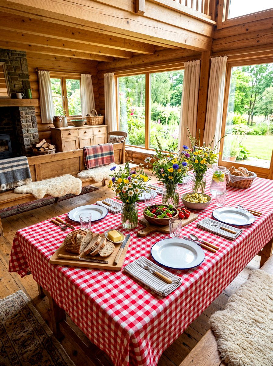 Gingham Check Picnic Table - 30 layered tablescape dining ideas