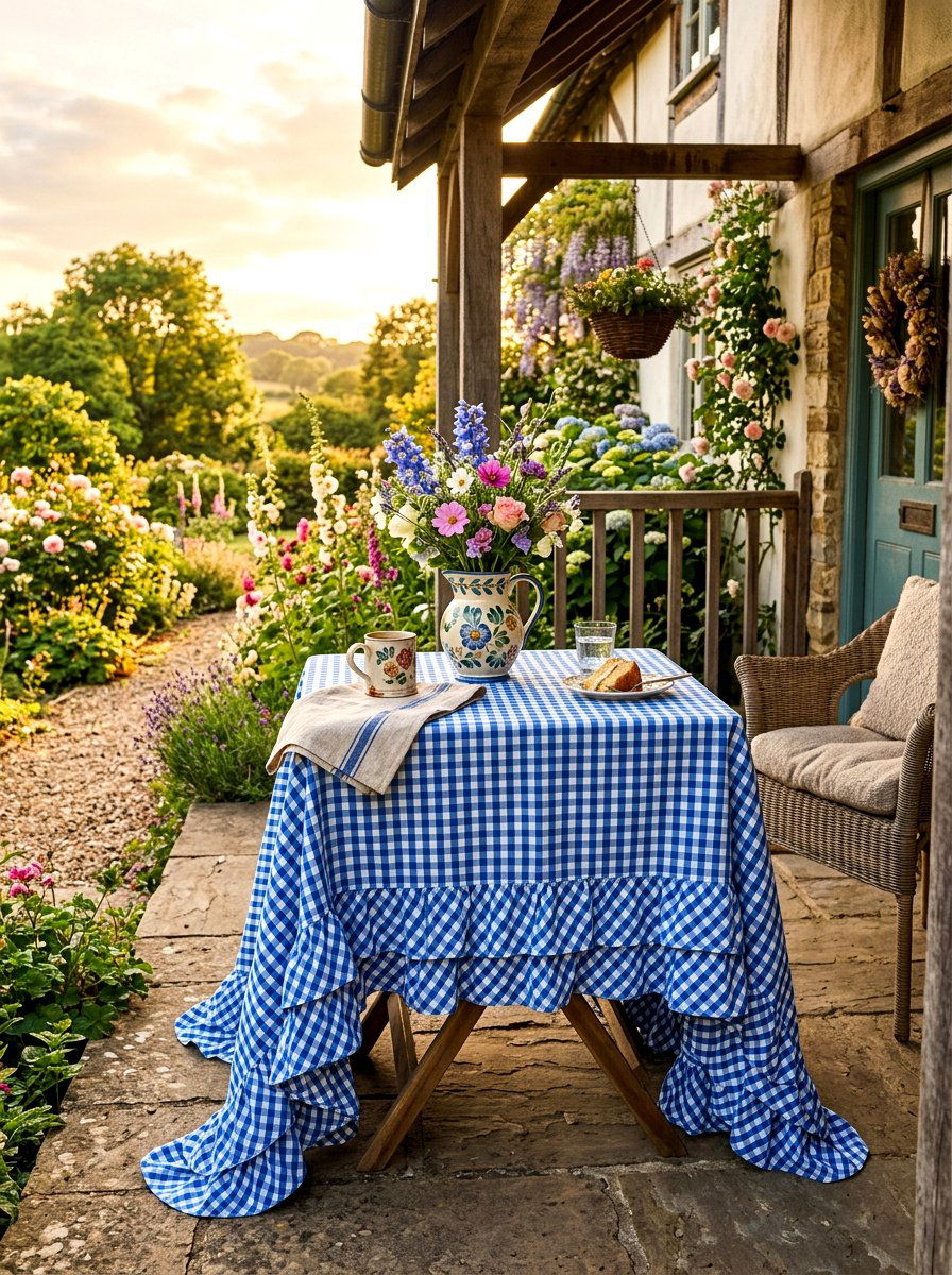 Gingham Check Ruffled Table - 30 porch skirted table ideas