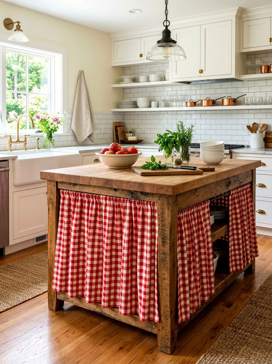 Gingham Kitchen Island Skirt - 30 skirted table ideas