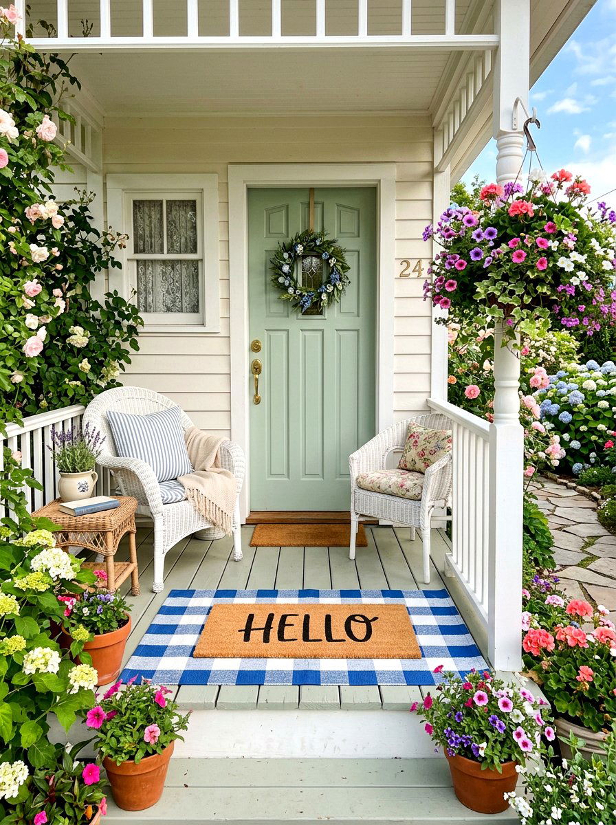 Gingham Pattern Layered Porch Mat - 30 layered doormat porch ideas