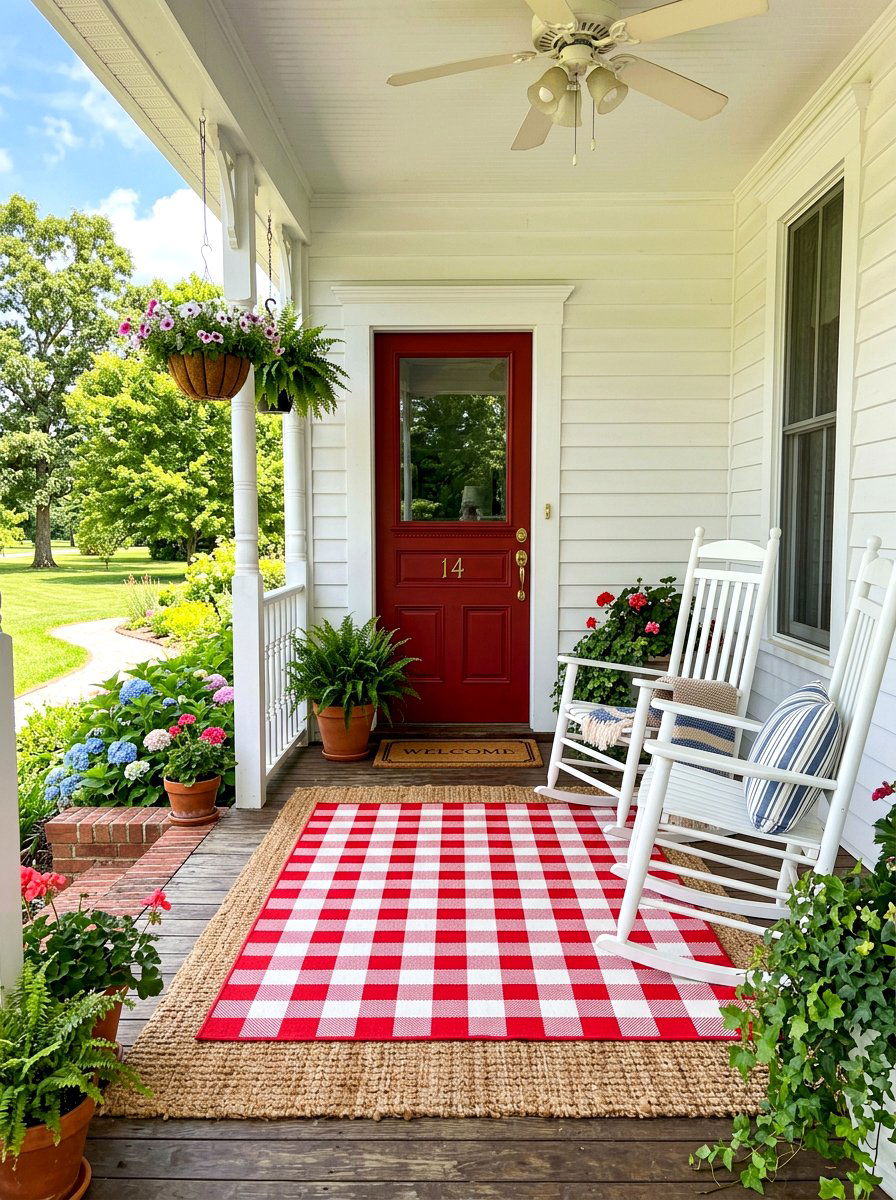 Gingham Pattern Over Natural Coir - 30 layered outdoor rug ideas