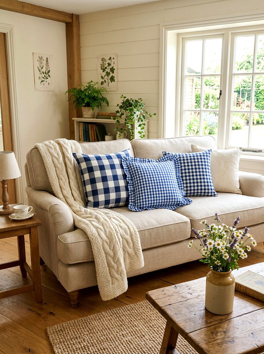 Gingham Patterned Throw Pillows - 30 English cottage living room ideas