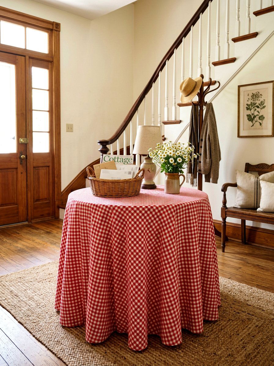 Gingham Print Skirted Table - 30 skirted foyer table ideas