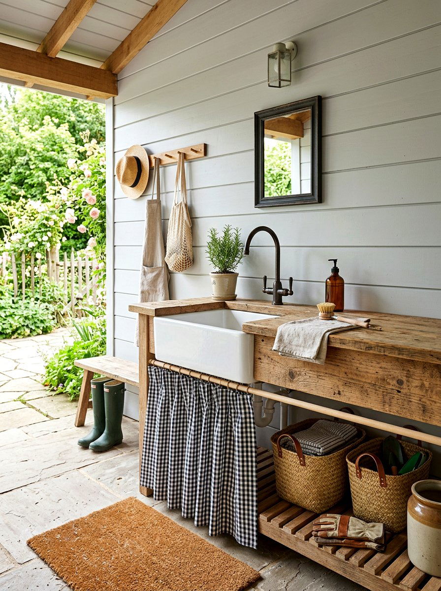Gingham Sink Under Skirt - 30 skirted vanity ideas