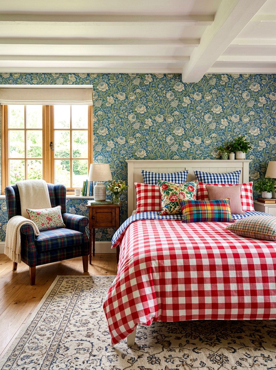 Gingham check fabric - 30 English country bedroom ideas