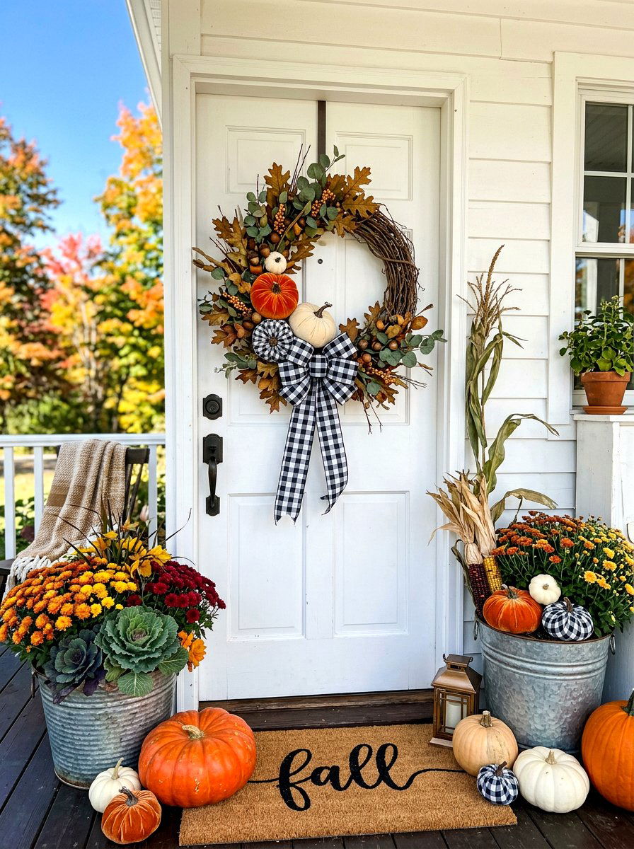 Gingham check fall wreath - 30 fall wreath ideas