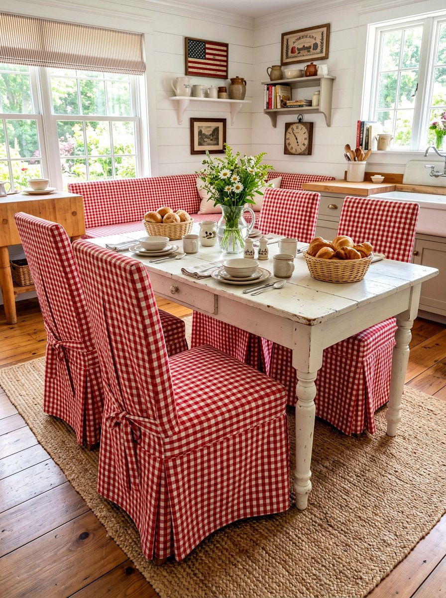 Gingham check slipcover - 30 slipcovered dining chair ideas