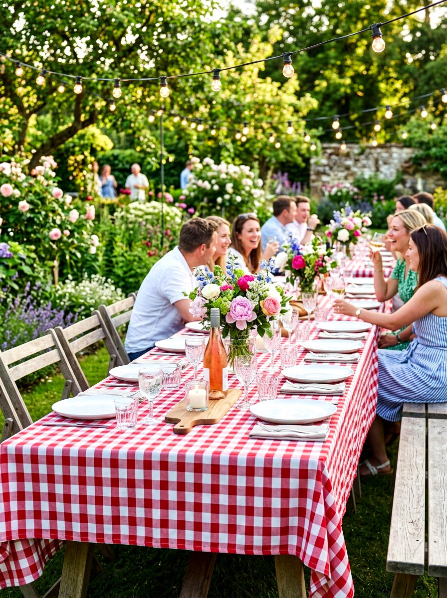 Gingham check tablecloth garden party - 30 garden salad tablescape ideas