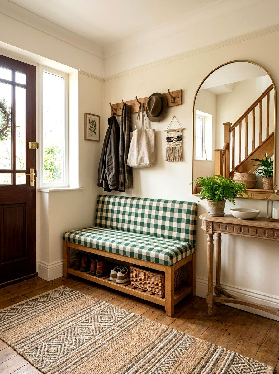 Gingham entryway bench - 30 gingham decor ideas