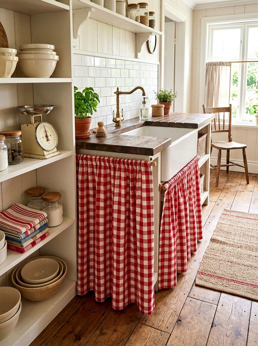 Gingham fabric sink skirt - 30 skirted sink ideas