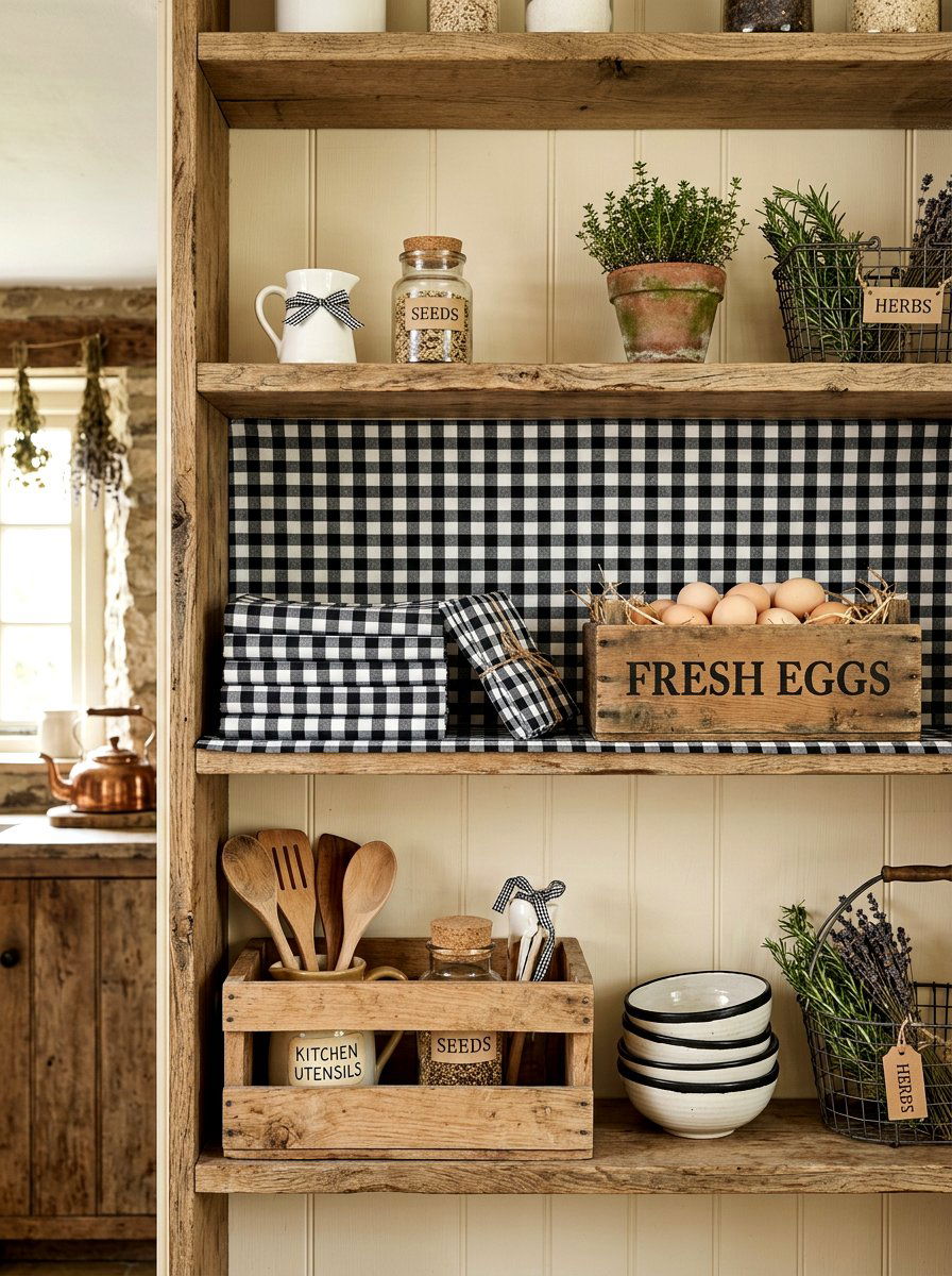 Gingham pattern shelf - 30 fall kitchen shelf decor ideas
