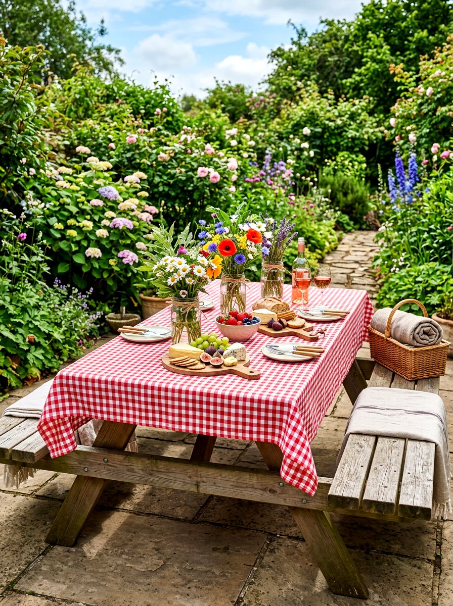 Gingham picnic patio table - 30 summer patio tablescape ideas