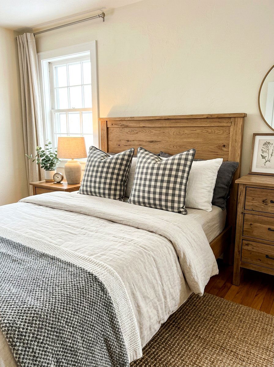 Gingham pillow covers - 30 farmhouse bedroom ideas