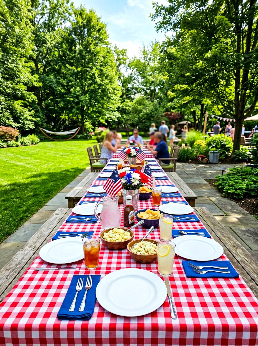 Gingham tablecloth for Fourth of July - 30 patriotic table decor ideas