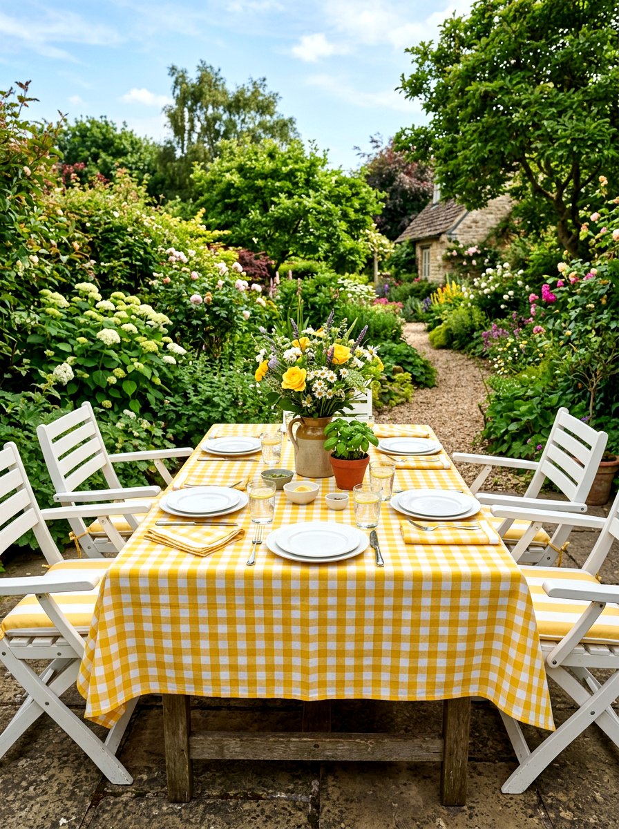 Gingham tablecloth outdoor setup - 30 lemonade patio party ideas