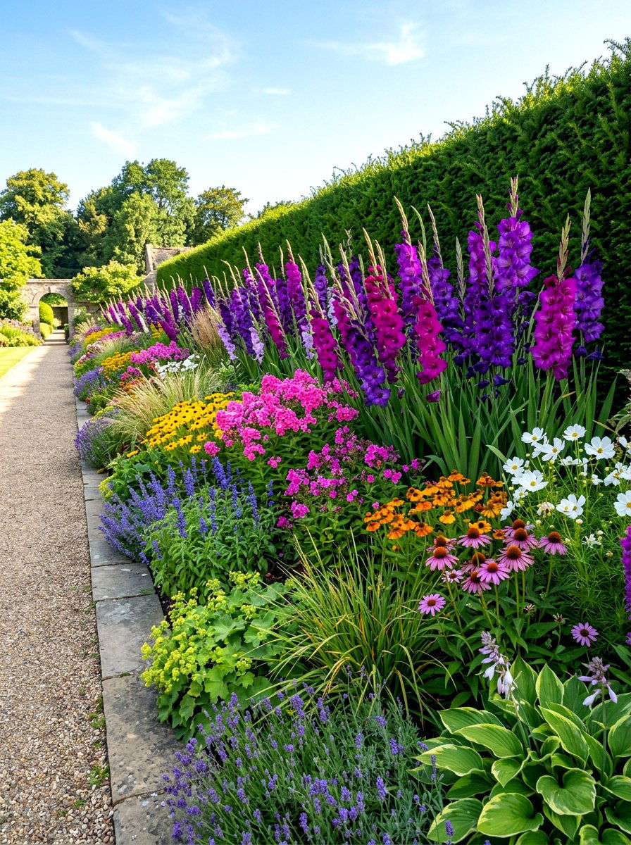 Gladiolus back border - 30 purple flower garden ideas