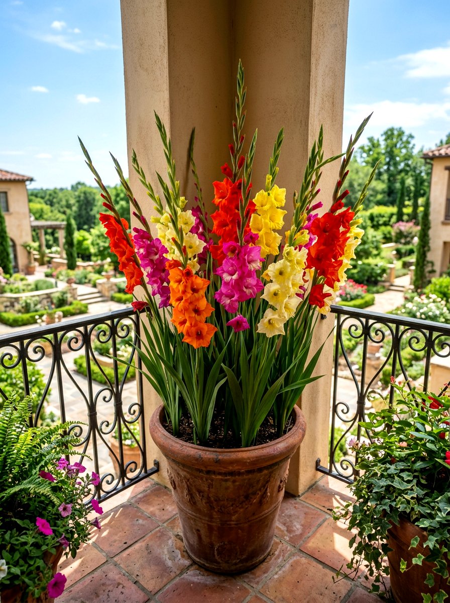 Gladiolus tall pot - 30 balcony cut flower garden ideas