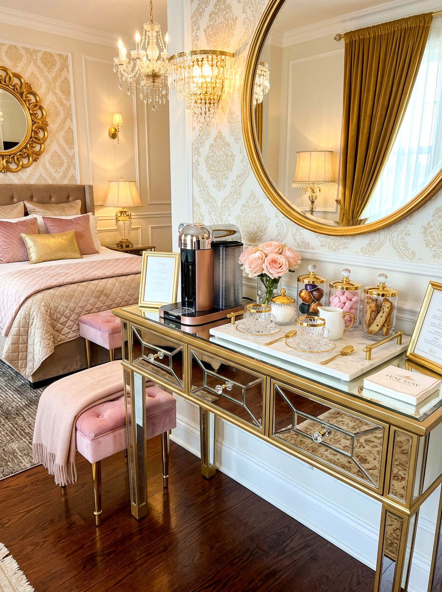 Glam Bedroom Coffee Station - 30 bedroom coffee corner ideas