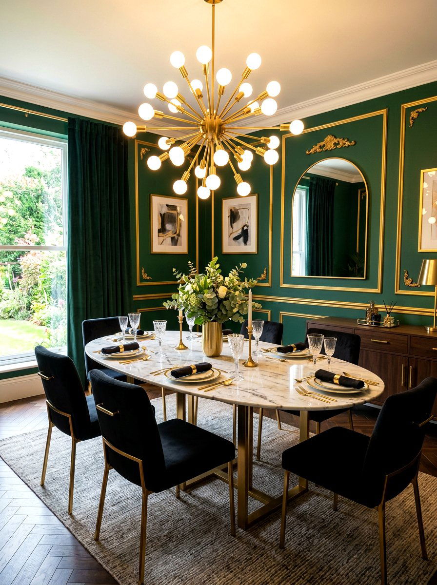 Glam Gold Accents Dark Walls - 30 eclectic dining room ideas
