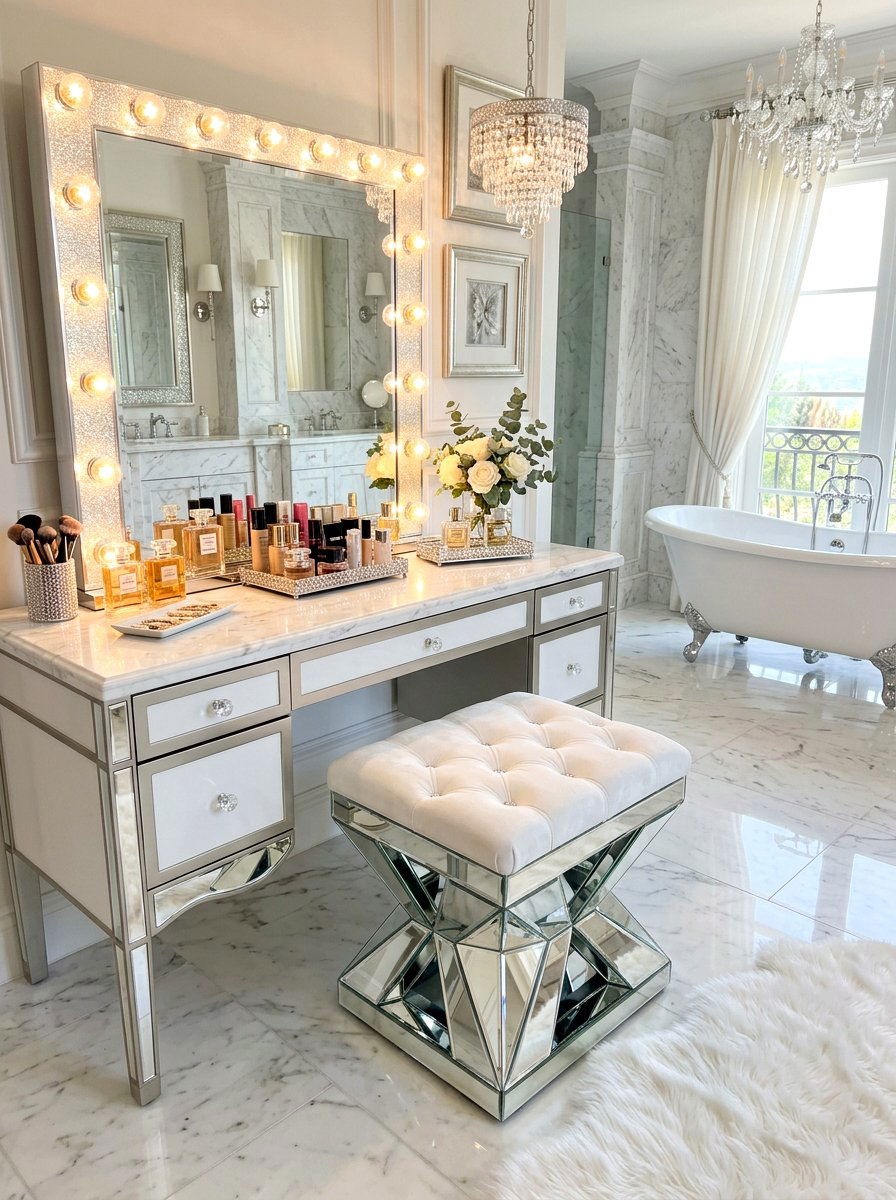 Glam Vanity Stool - 30 vanity stool bathroom ideas