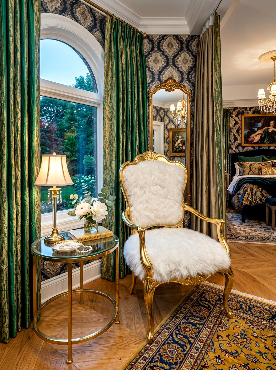 Glam gold accent chair - 30 bedroom alcove seating ideas