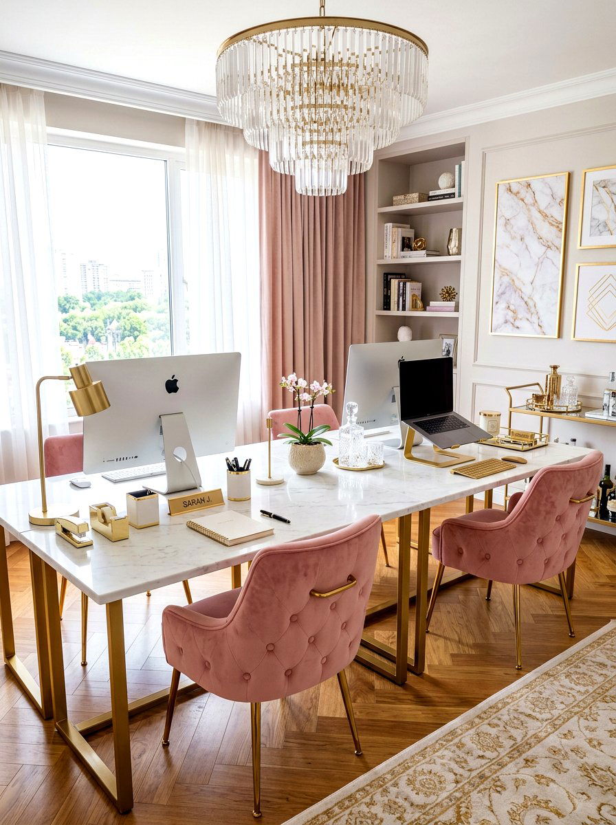 Glam gold and marble shared desk - 30 double desk office ideas