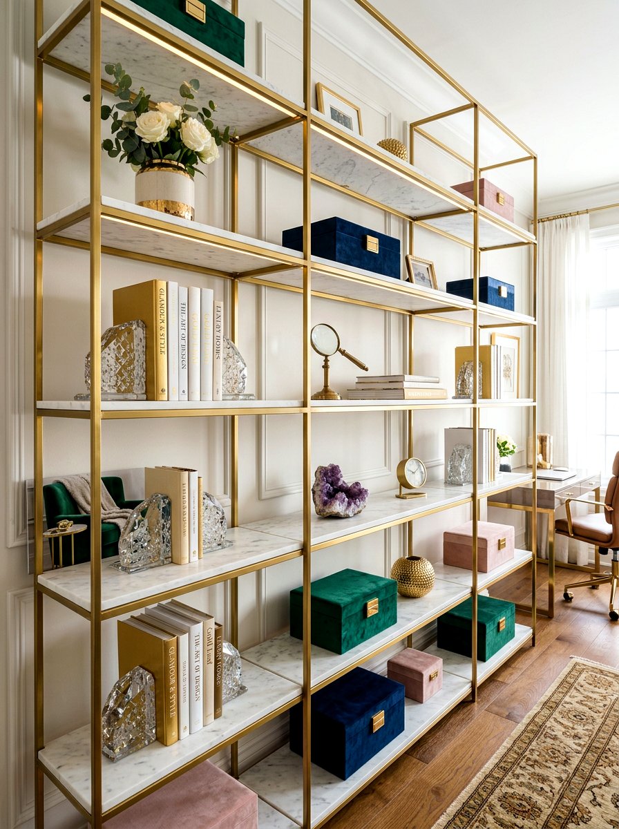 Glam gold office shelves - 30 home office shelf ideas