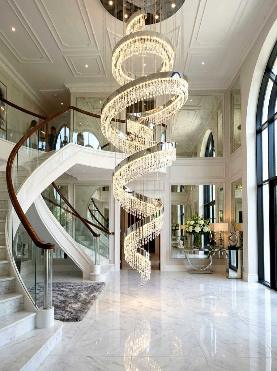 Glamorous Mirrored Chrome Spiral - 30 stairway chandelier ideas