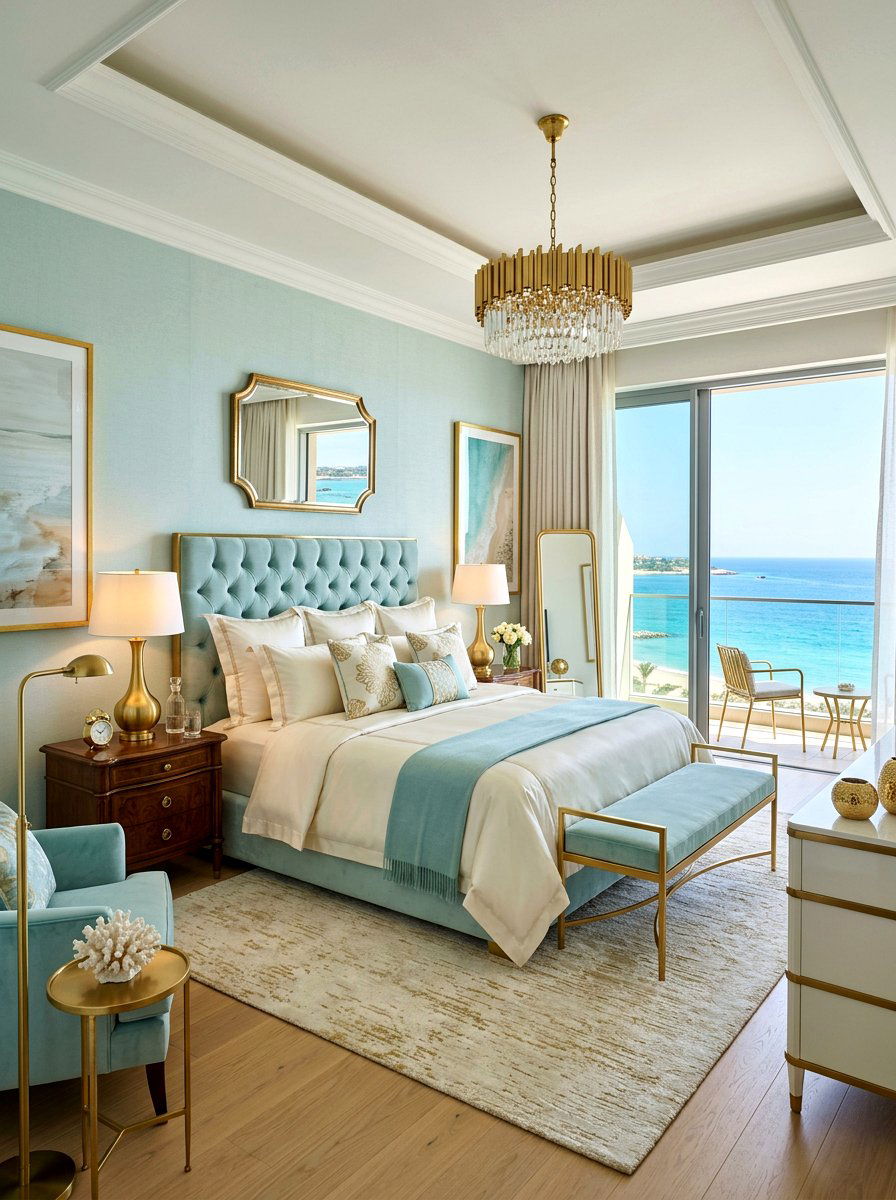Glamorous coastal bedroom with gold finishes - 30 coastal bedroom ideas