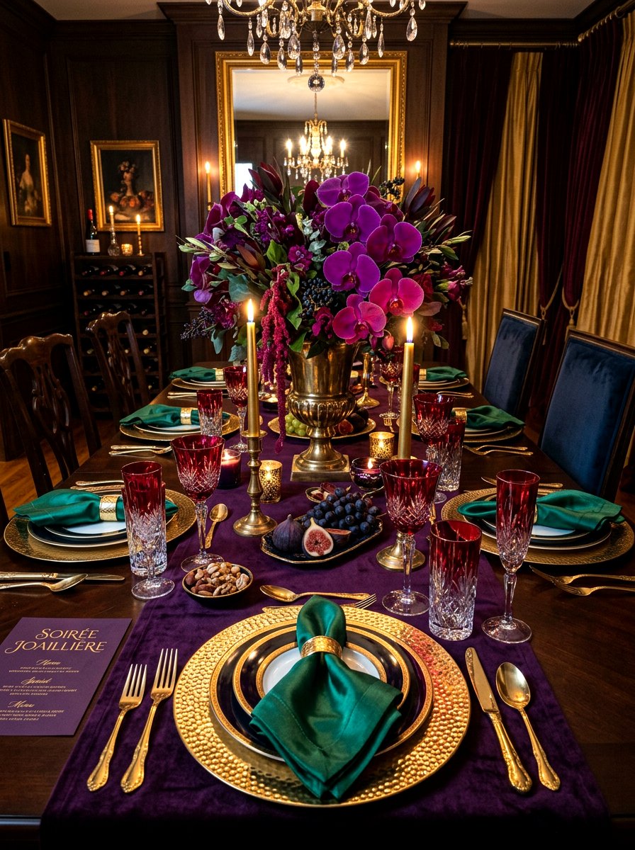 Glamorous jewel tone table - 30 dinner party table ideas aesthetic