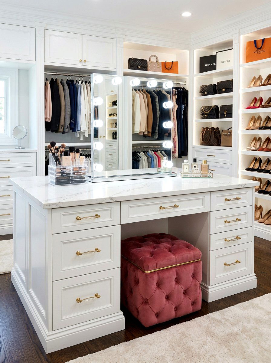 Glamorous vanity closet island - 30 island dresser closet ideas