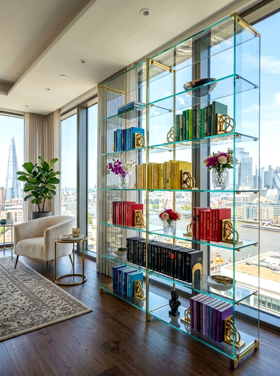 Glass Bookshelf Unit - 30 aesthetic bookshelf styling apartment ideas