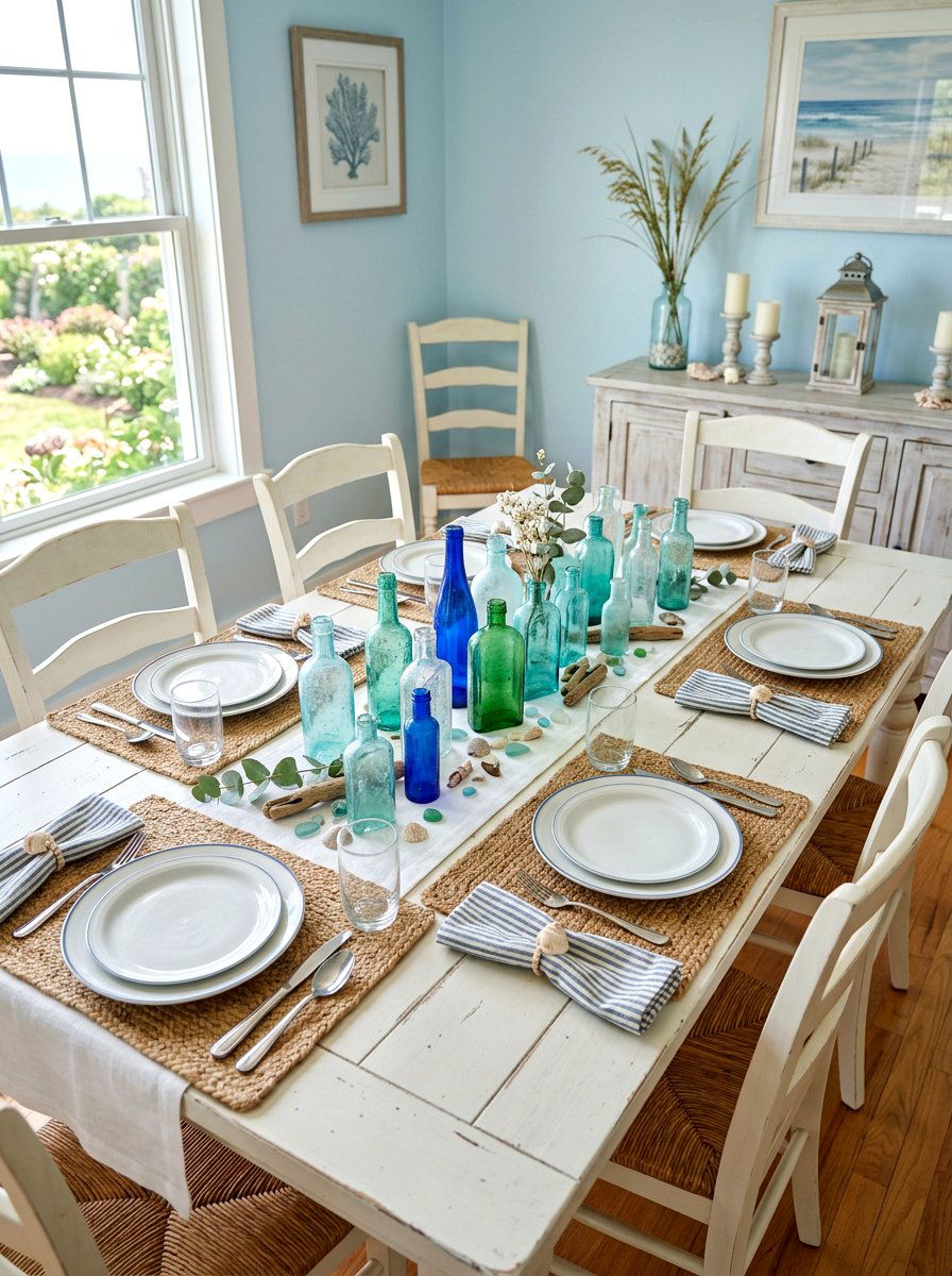 Glass Bottle Centerpiece Dining - 30 coastal dining room ideas