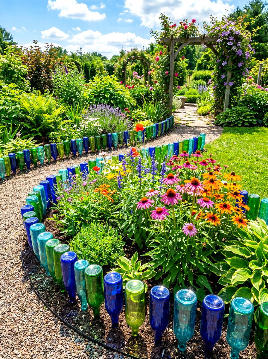 Glass Bottle Garden Border - 30 flower bed border ideas