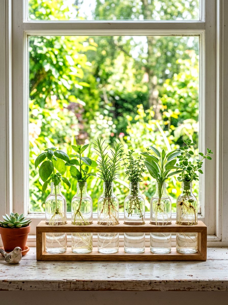 Glass Bottle Herb Propagation Station - 30 small herb garden ideas