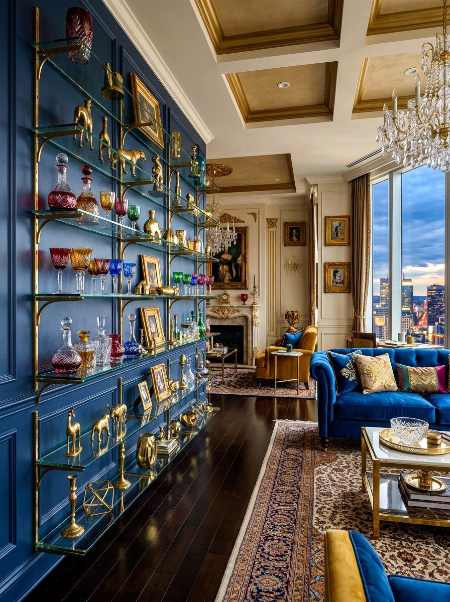 Glass Display Shelves - 30 living room shelf decor ideas