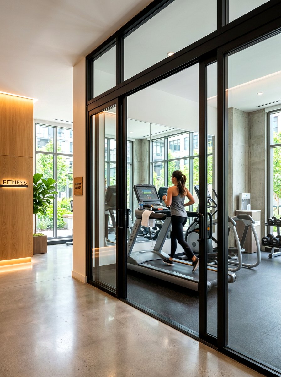 Glass Door Fitness Room - 30 treadmill room ideas