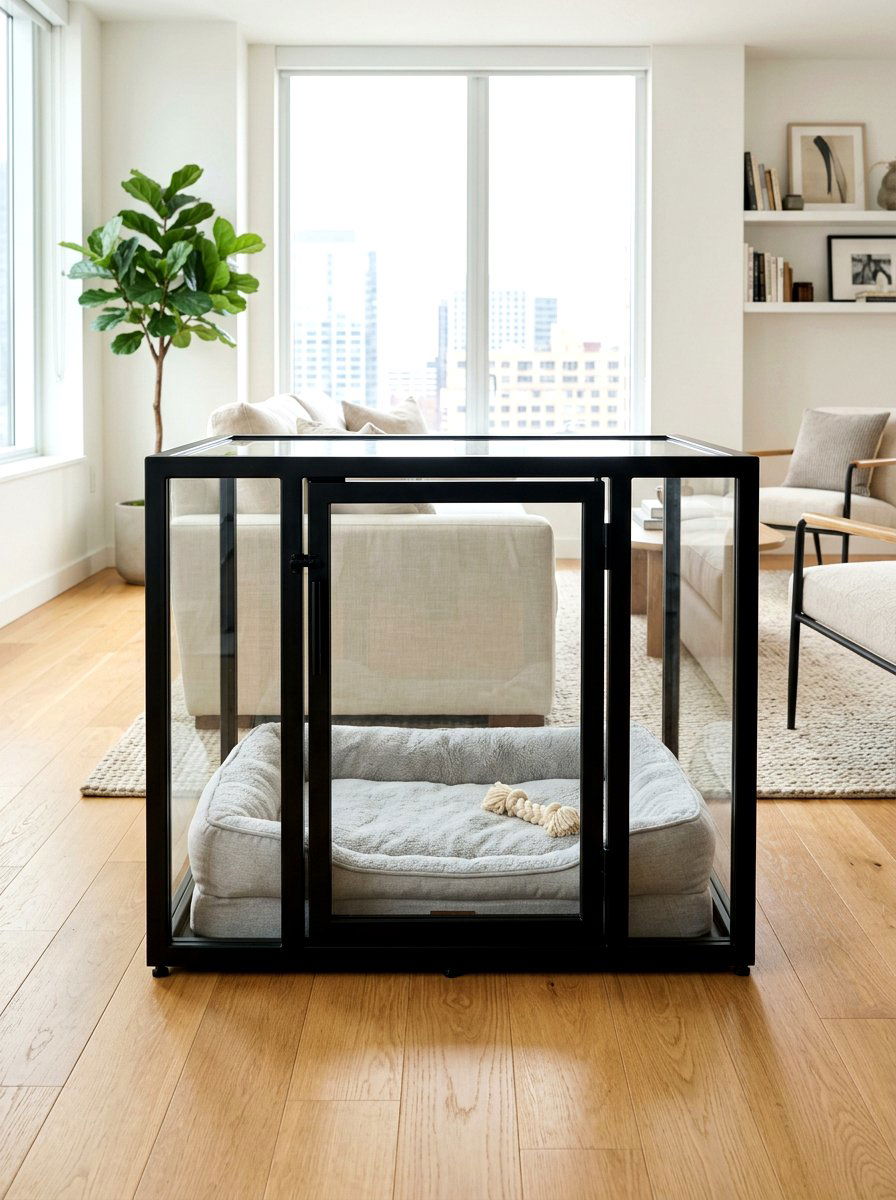Glass Door Indoor Kennel - 30 pet nook living room ideas