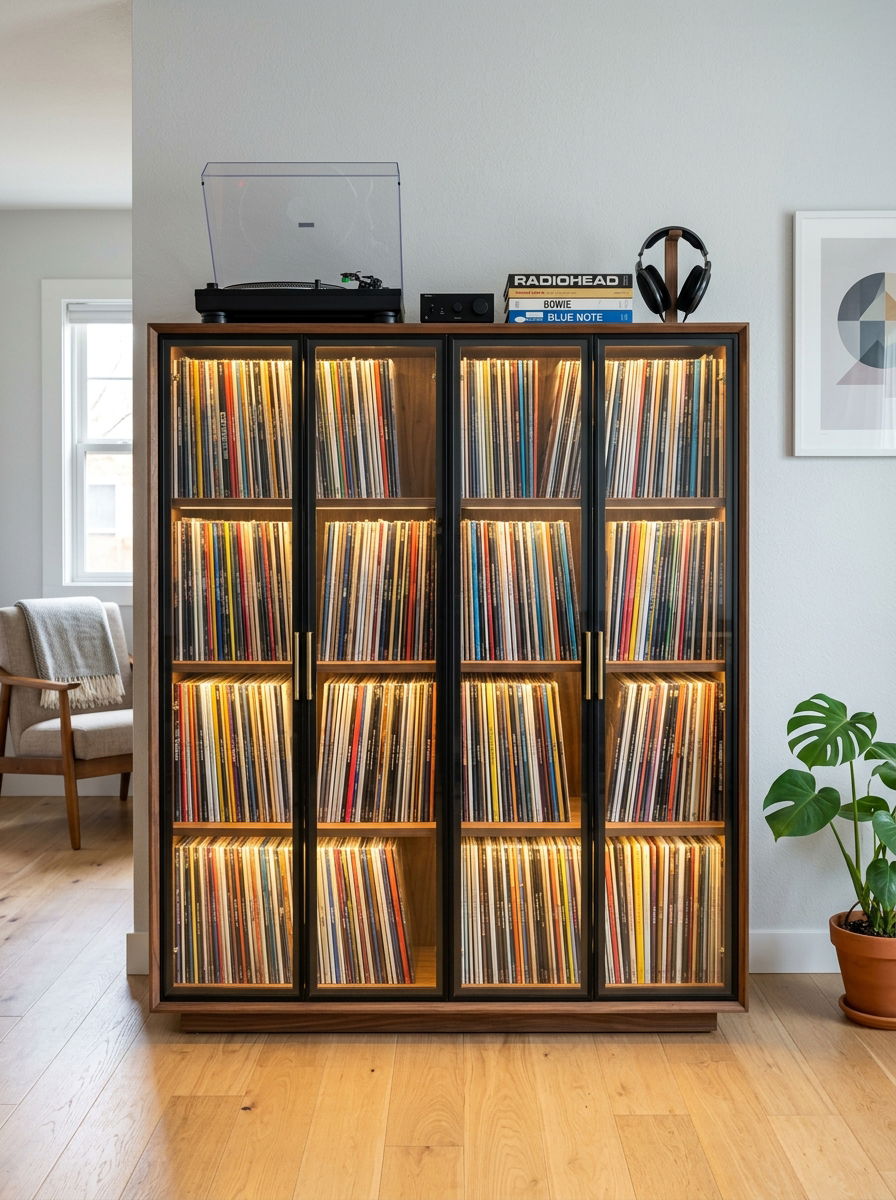 Glass Door Record Cabinet - 30 vinyl listening corner ideas