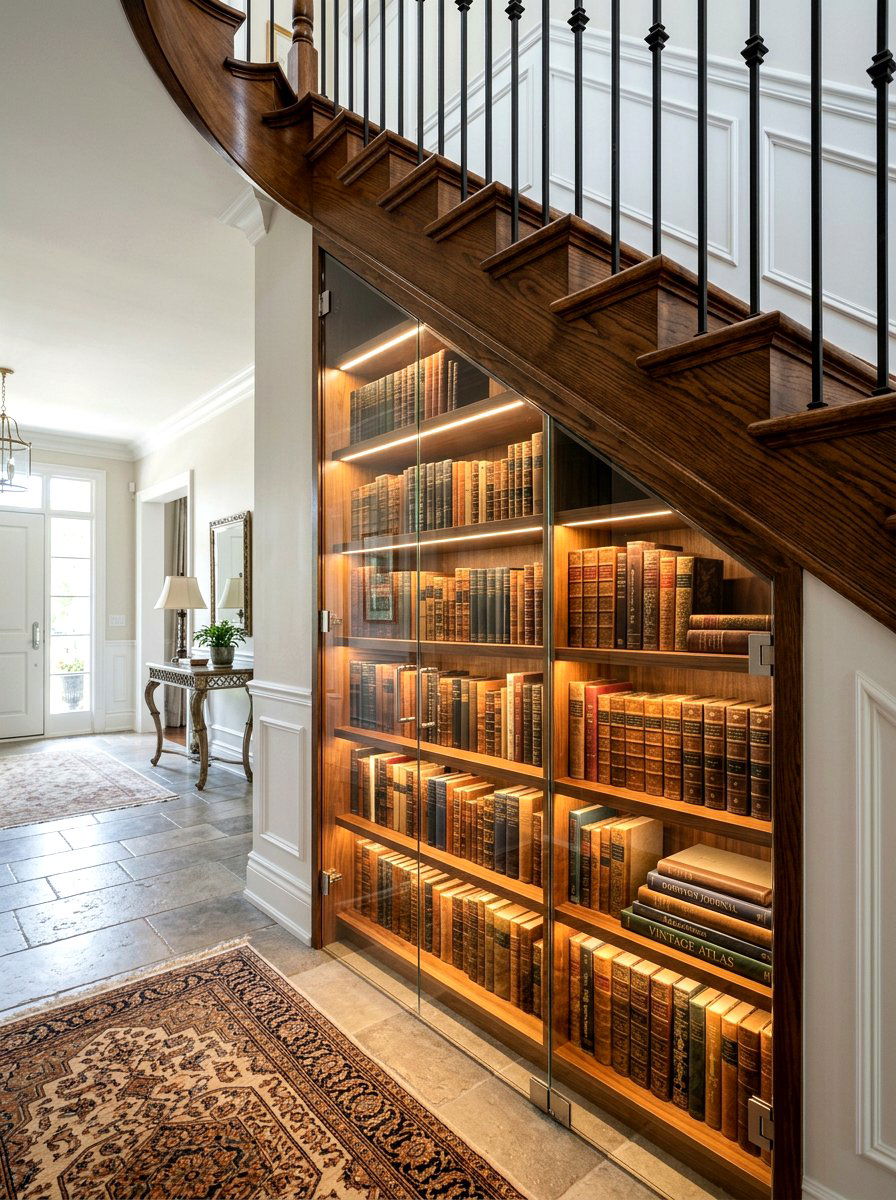 Glass Door Under Staircase Display Case - 30 under staircase bookshelf ideas