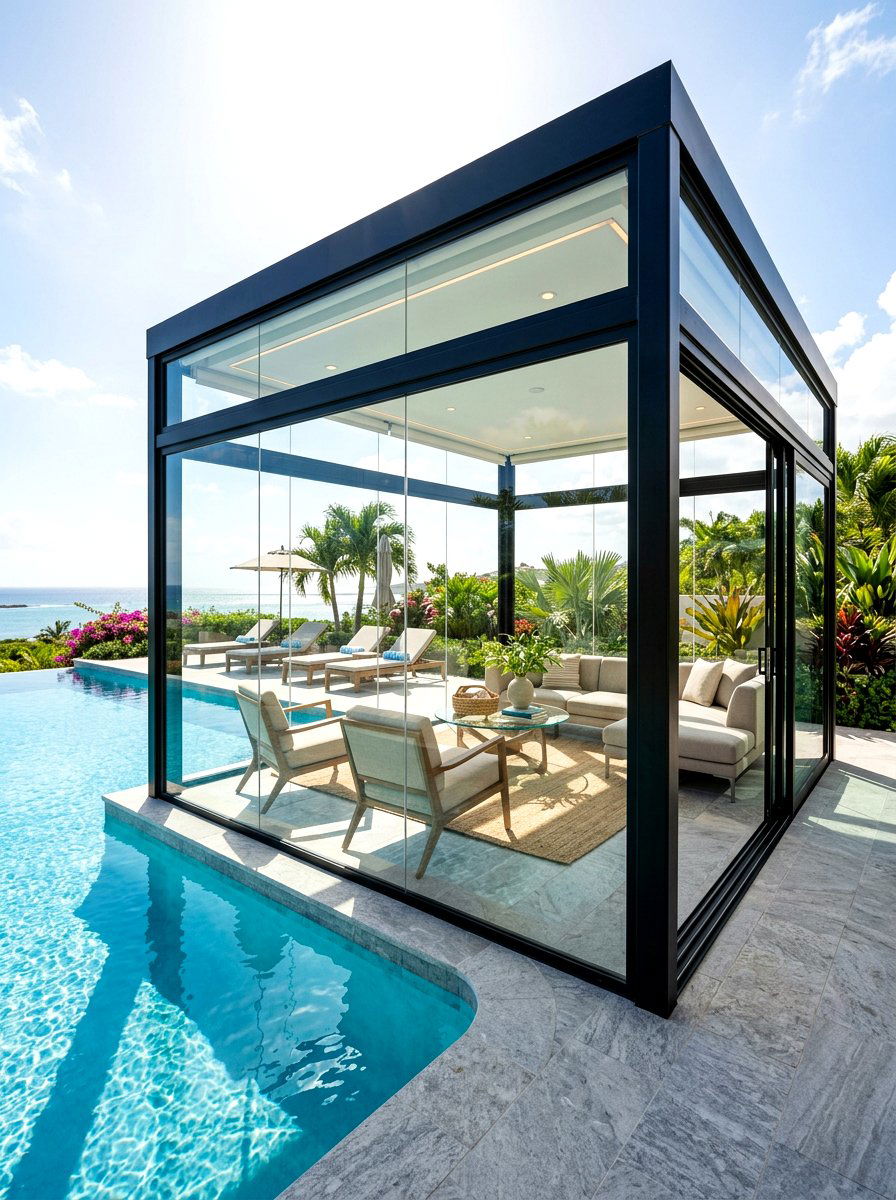Glass Enclosed Cabana - 30 pool cabana patio ideas